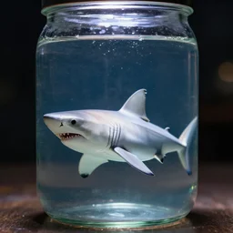 glass jar with a great white shark inside, bokeh, dramatic lighting, hyperrealistic, highly detailed