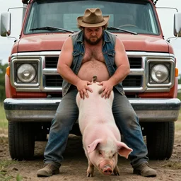 a tough badass old fat trucker is twisting a piglet that is between his legs, in front of his truck.
