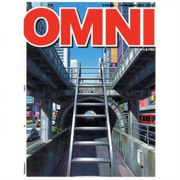 1979 OMNI Magazine Cover of a ladder that leads up to a overpass that goes into a subway tunnel. In the background are street level views of neo-Tokyo in cyberpunk style by Vincent Di Fate