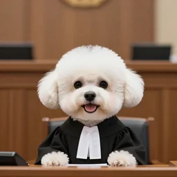 a closeup photorealistic photograph of a cute smiling white bichon frise judge wearing a black gown and addressing a courthouse. this 4 k hd image is trending on artstation, featured on behance, well - rendered, extra crisp, features intricate detail, epic composition and the style of unreal engine.