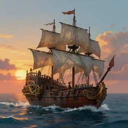 a beautiful highly detailed matte painting of a Sea of Thieves screenshot, a pirate ship, sea at sunset, by Ivan Aivazovsky, featured on Artstation