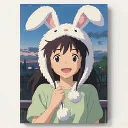 Poster of tonemapped Smiling anime girl with bunny hat in the style of Makoto Shinkai and Yun Koga
