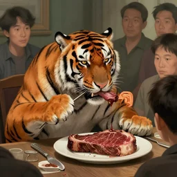 tony the tiger eating a juicy steak while people watch - art, by wlop, james jean, victo ngai! muted colors, highly detailed, fantasy art by craig mullins, thomas kinkade cfg _ scale 8