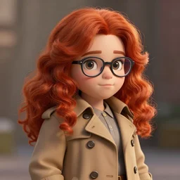 highly detailed, digital art, pixiv fanbox, trending on artstation, ray tracing, volumetric lighting, sharp focus, hq, fallout 4 sytle character, cute chubby redhead girl with soft curl long hair and glasses, wearing a trench coat, by artgerm, wlop, greg rutkowski, miyazaki hayao