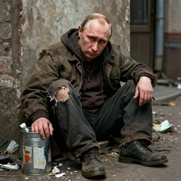 drunk putin as homeless man!!!, alcoholic, city madman, torn clothes, garbage can, artstation, artgerm, 8 k, highly detailed, rossdraws, frank frazetta, andrei riabovitchev, marc simonetti