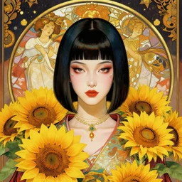 portrait of a beautiful cyberpunk geishan woman with chin lenght hair, beautiful symmetrical face, sunflowers, matsuri festival. fantasy, regal, by stanley artgerm lau, greg rutkowski, thomas kindkade, alphonse mucha, loish, norman rockwell.