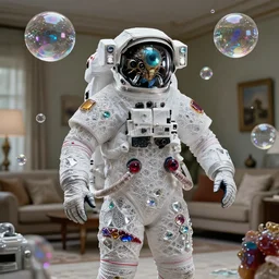 a astronaut eva suit covered in diamond 3d fractal lace iridescent bubble 3d skin and covered with insectoid compound eye camera lenses, camera appendage stalks,opal ruby diamond iridescent fractal lace bubble materials,ceramic cracks,and blobby holographic shrink wrap bubble floats through the living room, film still from the movie directed by Denis Villeneuve with art direction by Salvador Dalí, wide lens,