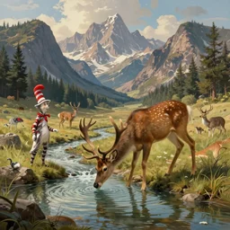 beguiling epic stunning beautiful insanely detailed landscape matte painting of a deer drinking from the river with mountains in the background designed by dr seuss and michal karcz, by cyril rolando and asher durand and natalie shau, whimsical, intricate