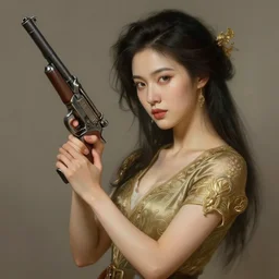 realistic asian woman holding a vintage sci - fi gun, handsome, intricate, elegant, highly detailed, digital painting, artstation, concept art, smooth, sharp focus, illustration, art by artgerm and greg rutkowski and alphonse mucha and william - adolphe bouguereau