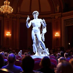 the statue david from michelangelo sitting in the first row in a cirque du soleil show in las vegas