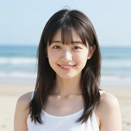 japanese model girl smiling at the beach show head