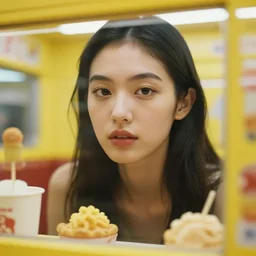 close up of face of fashion model inside small fast food snack bar in tokio, yellow lighting, photography by emily soto, highly detailed