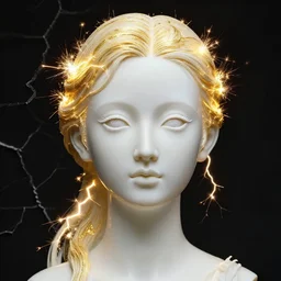 full head and shoulders, beautiful porcelain female person, large electrical gold sparks, glowing lightening, smooth, delicate facial features, white detailed eyes, white lashes, cracking on black background, by daniel arsham and james jean