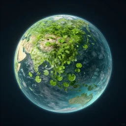 spherical planetary view of a clear water planet with green plants grown throughout and floating on top, realistic, high detail, 4 k, clear water, lily pad, planet, water planet, profile picture, nostalgic