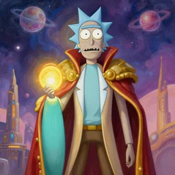 A cyborg Rick and Morty as the ultimate tyrant emperor of the universe. Realistic sci-fi concept. Trending on ArtStation. A vibrant digital oil painting. A highly detailed fantasy character illustration by Wayne Reynolds and Charles Monet and Gustave Dore and Carl Critchlow and Bram Sels