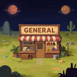 in front of a [ [ [ general store ] ] ] in a remote outpost, on an alien planet, from a space themed point and click 2 d graphic adventure game, art inspired by mark keathley
