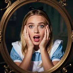 beautiful portrait of a young woman with a gorgeous face and perfect body who is a perfect blend of kate upton and dove cameron dressed like disneys alice in wonderland and rolling hard on ecstasy and peaking on pure molly, pupils dilated, euphoric and bewildered, through the looking glass, photography, high definition, 8 k resolution, retouched, glamour by