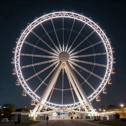 a giant ferris wheel at night, hyperrealistic, concept art, octane render, unreal engine 5, trending on artstation, high quality, highly detailed, 8 k hdr, soft lighting, path traced, starry background, bloom, high coherence, symmetrical, high contrast, digital art, serene landscape, cinematic