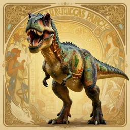 Jurassic Park’s T-Rex looking at the camera, sharp focus, intricate, elegant, digital painting, artstation, matte, highly detailed, concept art, illustration, volumetric lighting, green yellow scheme, art by artgerm, Alphonse mucha, and Greg Rutkowski