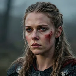 photorealistic 3/4 photograph of beautiful female viking warrior with large sad gray eyes, bloody, cinematic, 28mm