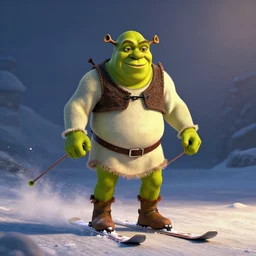 shrek skiing, smiling, full body shot, cinematic lighting, studio quality