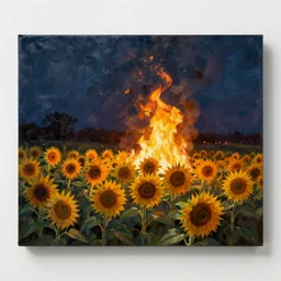 an oil painting of a sunflower field is on fire in midnight by edward hopper