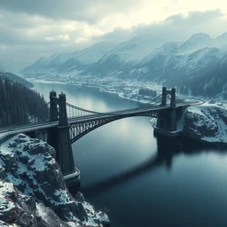 a fantasy black bridge across a big lake, aerial view, diagonal composition, architectural, background of snowy mountain, matte painting by christophe young and raphael lacoste, trending on artstation
