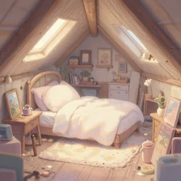 placid pastel morning cute cluttered painterly fluffy tiny cramped dusty attic, slanted ceiling, tiny space, particulate, trending on pixiv