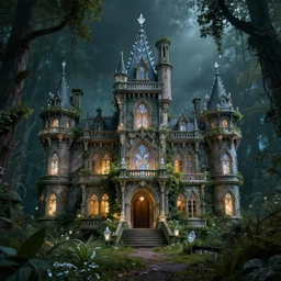 overgrown victorian spiderwick abandoned castle, highly detailed, crystal lighting, mystical, ancient forest, hyperrealistic, 4 k, unreal engine, highly detailed, dramatic lighting, magical, beautiful,