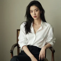 sexy asian girl wearing a blouse, sitting on a chair, in the style of ilya kuvshinov and rossdraws