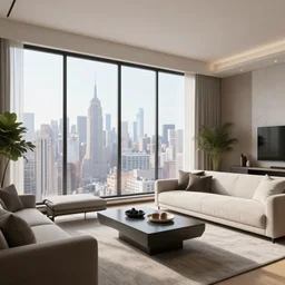 ultra realistic 3 d living room room render with floor to ceiling windows and view of new york, digital photography