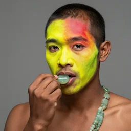 color photograph of a denisovan with jade earning and bright facepaint