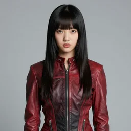 technicolor, individual portrait youthful asian demure, exquisite features, feminine cut, frontiers in flight leather suit, ultra chunky zips, ellen von unwerth studio,