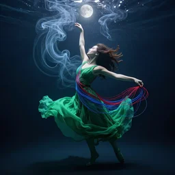 woman dancing underwater in long green dress made of thin red and blue wires that is flowing in the current, moonlit, swirling smoke shapes in the background, futuristic