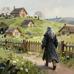 concept art of gandalf approaching the shire, jama jurabaev, brush hard, artstation, high quality, brush stroke, soft lighting
