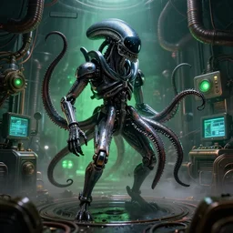 7 0 mm portrait of a wet black metallic chrome mass effect borg robotic cthulhu lovecraft octopus terminator xenomorph alien in a science fiction steampunk tesla coil hyper dimensional fusion generator engine room, pipes, wires, dramatic lighting, monitors, octane, green lights, lens flare, industrial, dirty, trending on artstation, golden ratio, mist, action, volumetric lighting