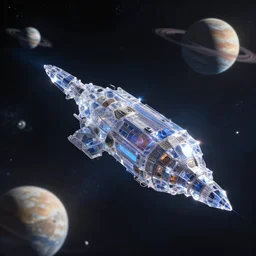 crystal spaceships in the space, different planets in the background,