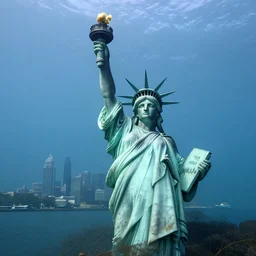 underwater photograph of a bronze statue of liberty, partially buried with a sunken city
