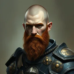 a ginger bearded fantasy young dwarf warrior, black and bronze plate armor, ( ( ( trimmed beard and half shaved head ) ) ), head and torso portrait by craig mullins and greg rutkowski