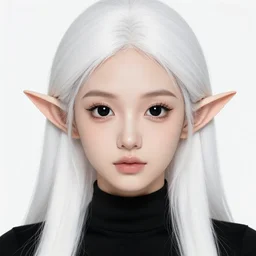 a beautiful portrait, white background, gorgeous fantasy elf. black top, professionally retouched, soft lighting, realistic, smooth face, big deep black eyes, black iris, black pupil, long white hair, cute ears, wide angle, sharp focus on the eyes, 8 k high definition, insanely detailed, intricate, elegant, beautiful, art by artgerm and wlop