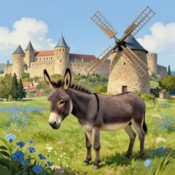 Beautiful donkey standing near a windmill, spots of blue flowers nearby, medieval french landscape, Carcassonne, city of carcassonne in the background, by Stanley Artgerm Lau, WLOP, Rossdraws, frank frazetta, Andrei Riabovitchev, tranding on artstation