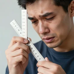 visibly sad crying man pinching a ruler, high resolution photo, measuring stick