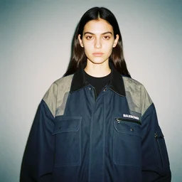 realistic photoshooting for a new balenciaga lookbook, color film photography, portrait of a beautiful woman, model wearing a workwear jacket, by photo in style of Tyler Mitchell, 35mm,