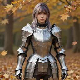 a masterpiece hyperrealistic ultradetailed fullbody photograph of a lifelike real human anime girl wearing steel plate armor, surrounded by fall leaves, made by wlop, actual person, k - pop, rough skin pores texture, dyed hair, photoreal image, rendered, unreal engine 5, extremely detailed, trending on artstation, sharp focus, 4 k
