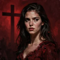 shameless woman whis impudent facial expression,  shadow of catholic church cross, elegant, dark and mysterious, atmospheric, red, trending on artstation, highly detailed, digital painting, volumetric light, concept art, middle focus, illustration, rule 34