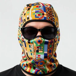 a close up of beautiful wearing a balaclava and sunglasses surrounded by colourful intricate patterns, by gustave klimt edgar maxence and caravaggio and michael whelan, intricate painting, hyper realistic, extremely detailed and beautiful aesthetic face, 8 k resolution