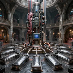 massive room underground filled with steel sarcophaguses attached by tubes to a huge computer in the center, futuristic, gothic, sci-fi, meat machine, brutalism, hyperdetailed, Cinematic, Kinemacolor, Massive, Artstation, 8k