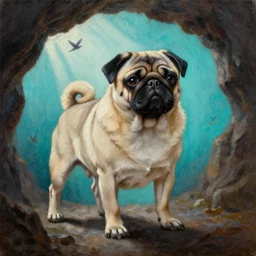 textured full body of muscular pug dog  with backlight , sun rays , big shadows, small bird sihouettes  in cyan background , very textured detailed  panoramic oil painting by rembrandt , hard backlight , in dark cave