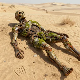 fossilized humanoid creature covered with moss and rust, lying in the desert, alien artifact, carved symbols, digital art