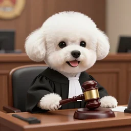 a closeup photorealistic illustration of a smiling bichon frise judge wearing a black gown at the bench pounding a gavel in courtroom. this 4 k hd image is trending on artstation, featured on behance, well - rendered, extra crisp, features intricate detail and the style of unreal engine.